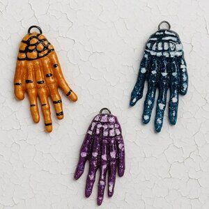 Glitter Resin Skeleton Hand Pendant Necklace – Copper, Blue, or Purple – Handmad